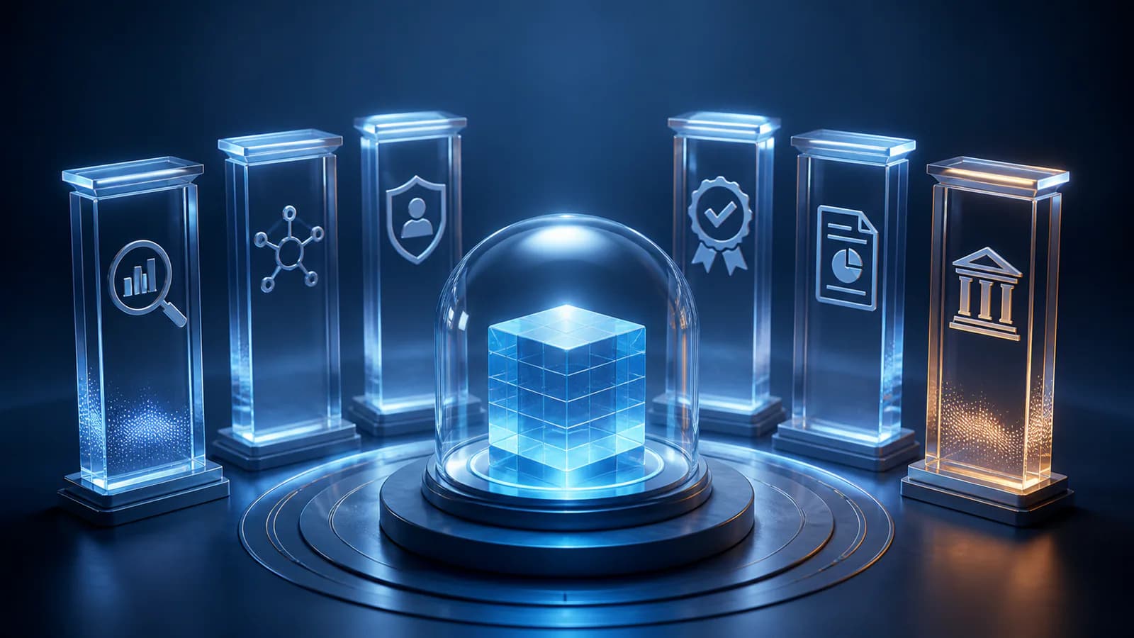Balanced evaluation pillars for measurement, explainability, provider capability, privacy, verification, reporting, and governance.