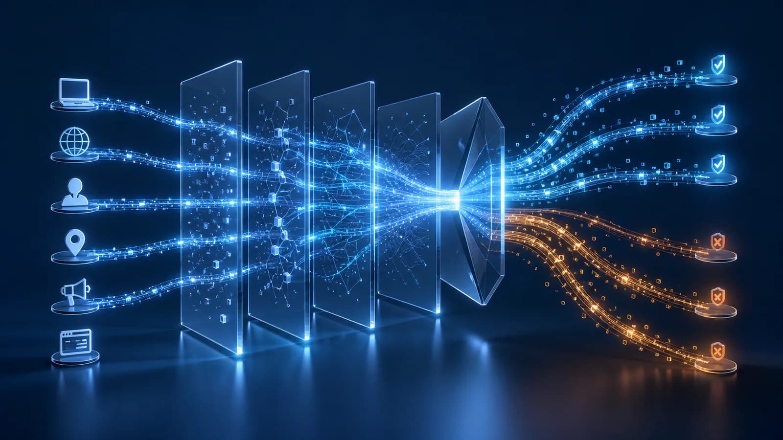 Device, network, behavior, location, acquisition, and session evidence streams converging through analytical layers.