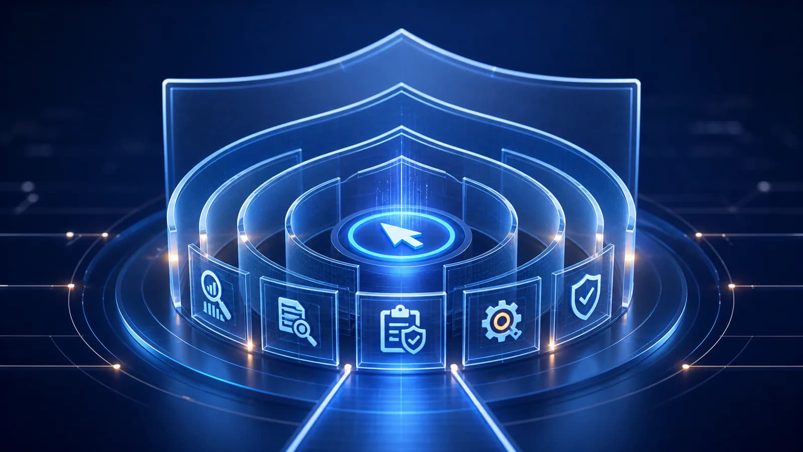 Layered transparent evidence and protection gates surrounding a measured advertising click.
