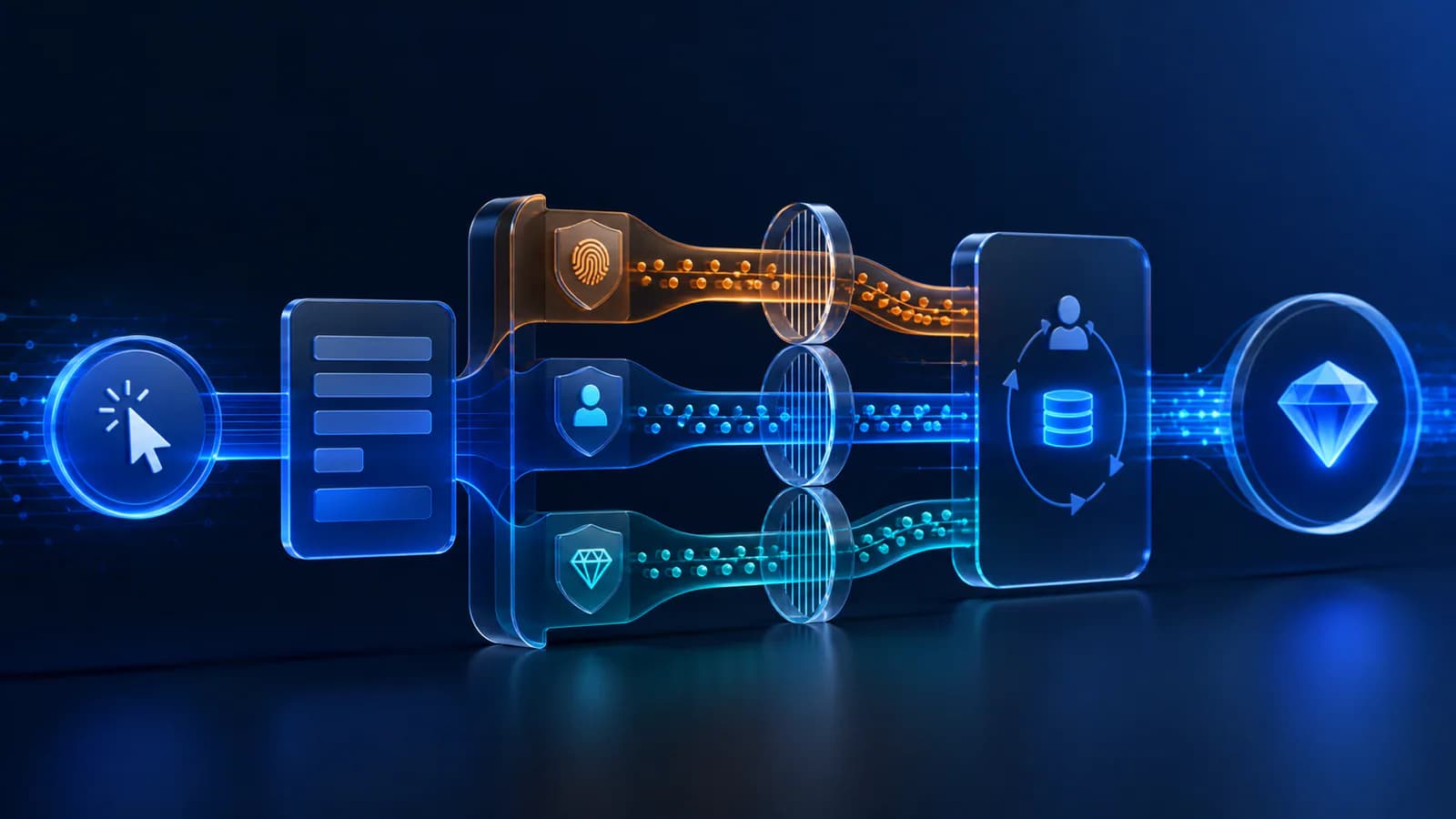 A lead journey connecting ad click, form event, qualification, CRM feedback, and buyer outcome as separate evidence channels.