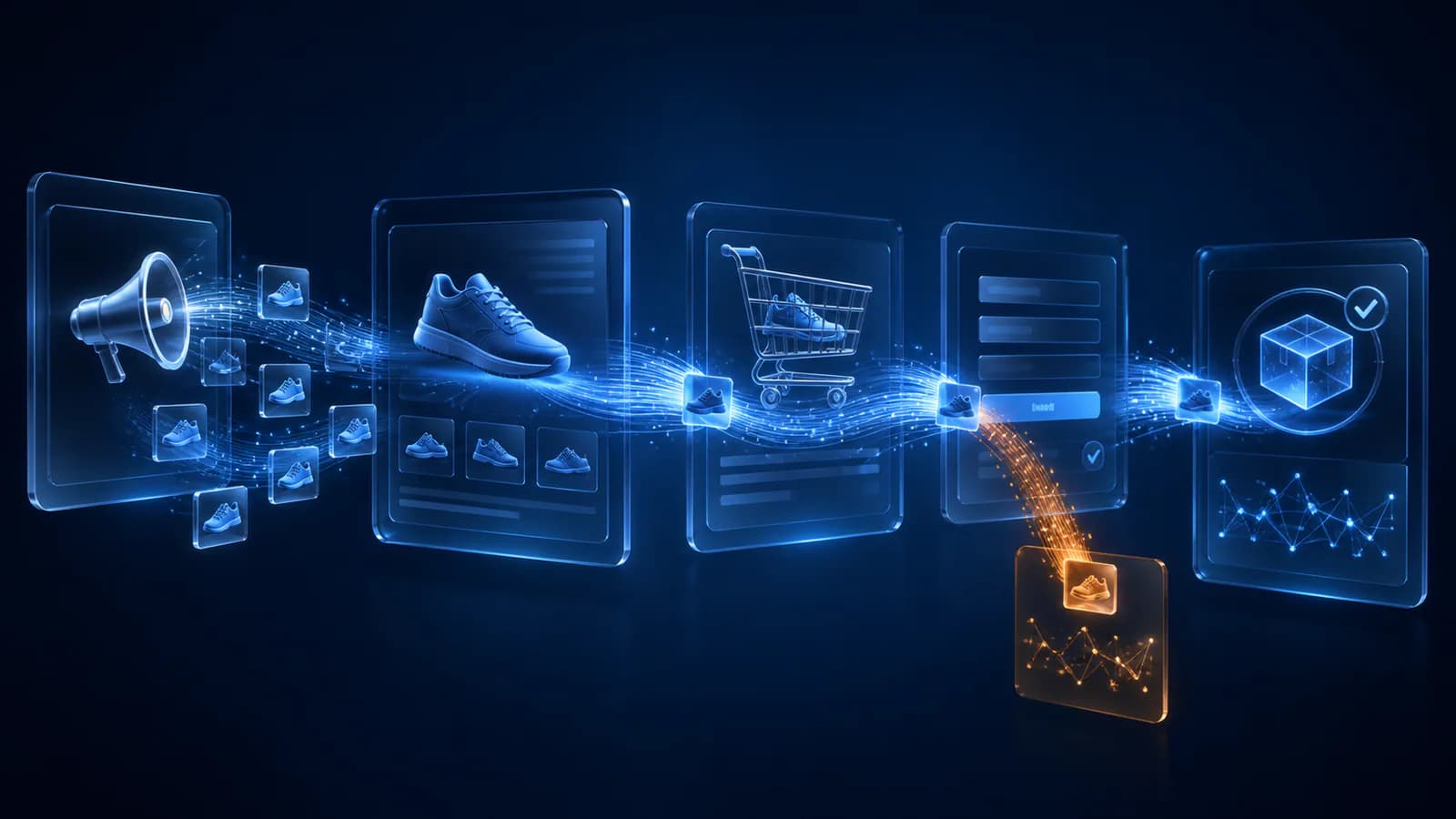 Shopping-ad product tiles flowing through paid click, product page, cart, checkout, and outcome evidence.