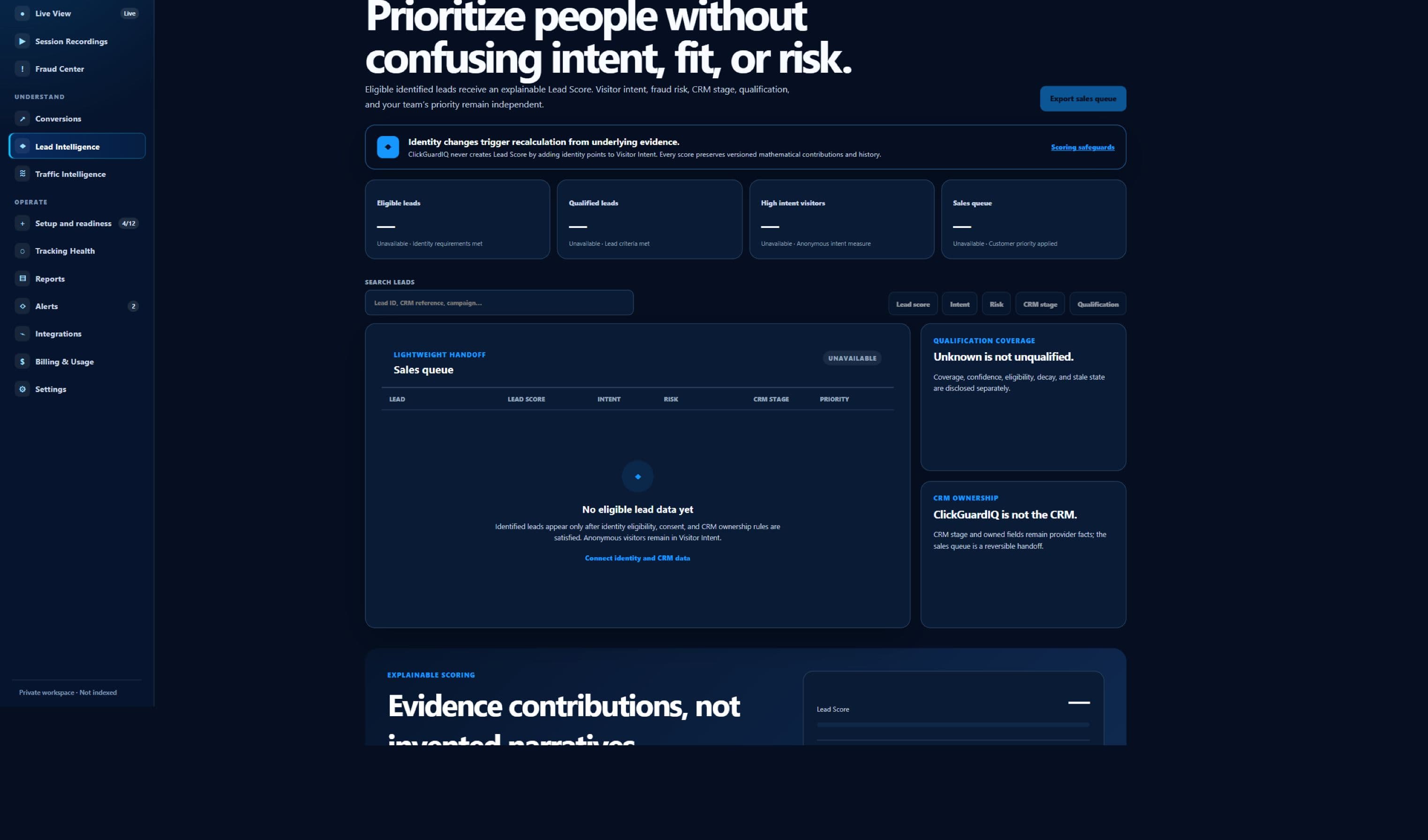 Sanitized ClickGuardIQ Lead Intelligence workspace showing its current setup state.