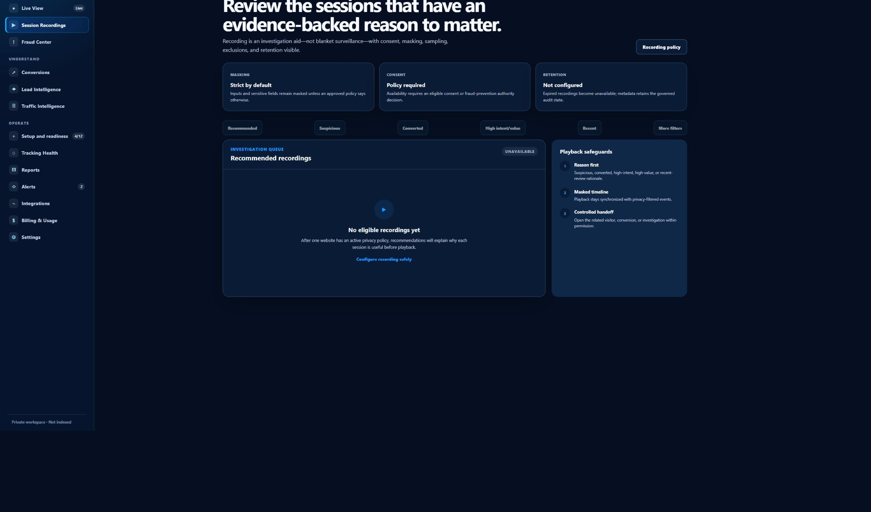 Sanitized ClickGuardIQ Session Recordings interface with privacy-aware setup messaging.