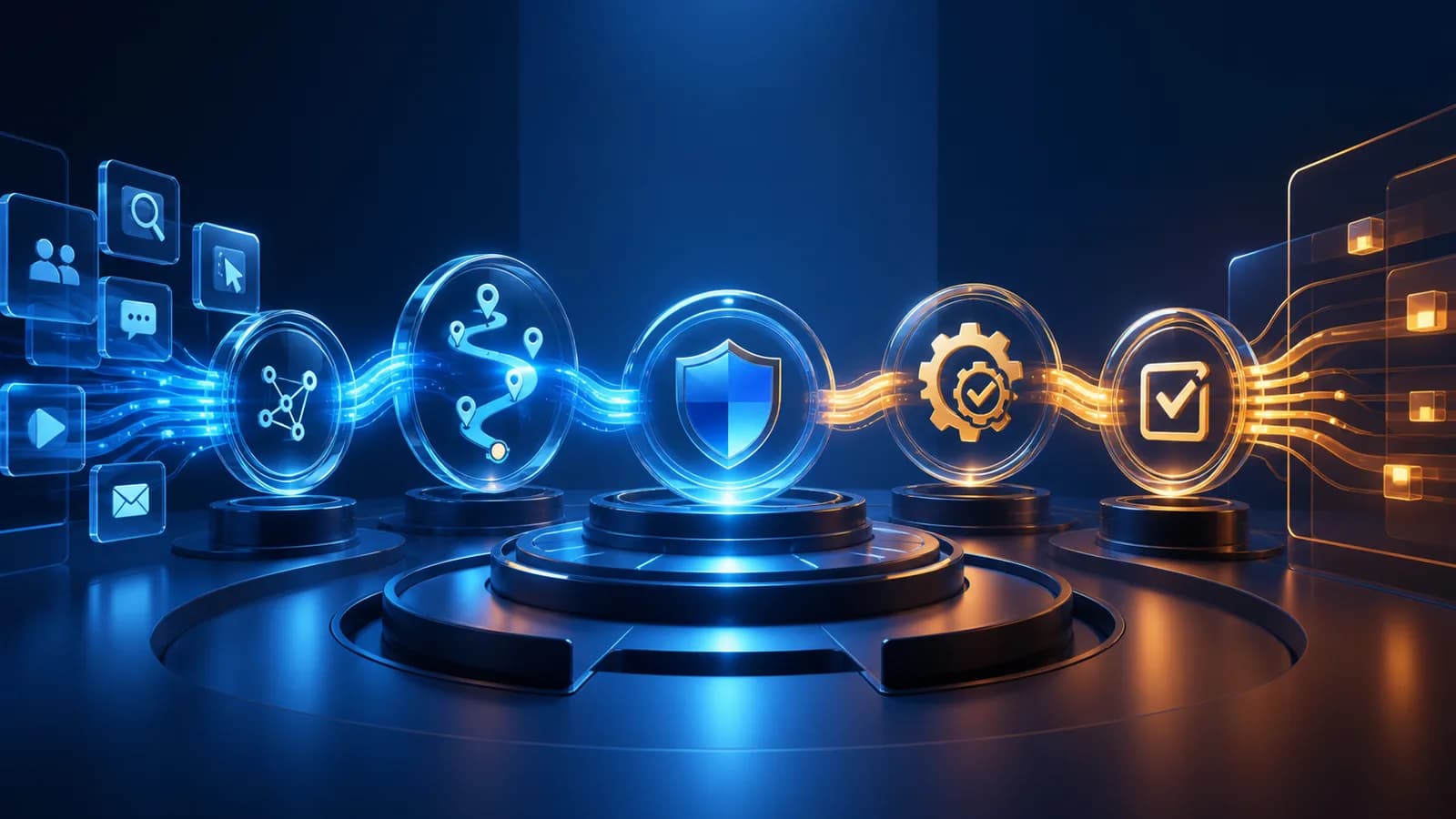 Connected blue and amber evidence paths forming a clear operating model for traffic-quality decisions.